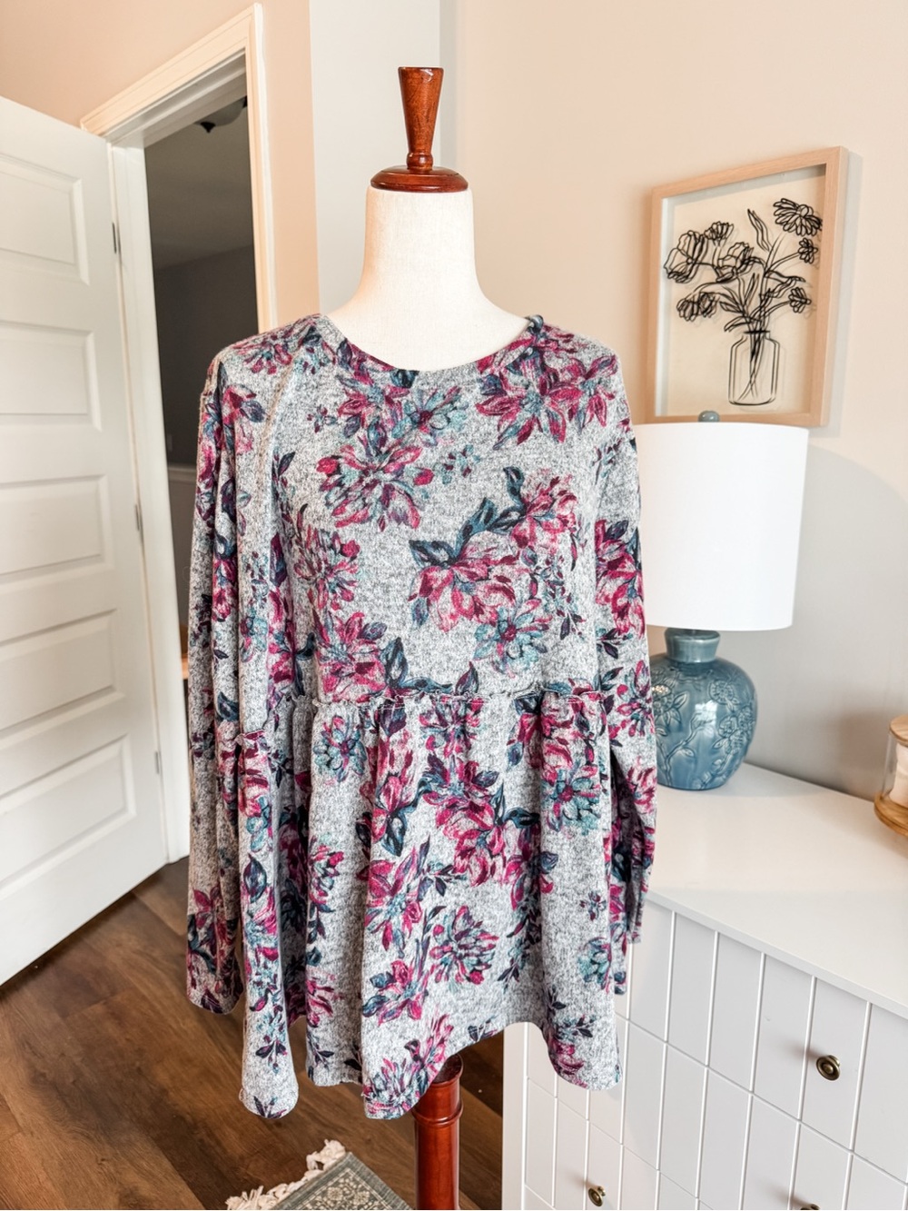 Floral Knit Babydoll Maternity Top - Pink & Teal Flowers
